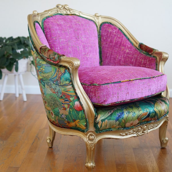 Gold Gilded Cornish Valley Garden French Bergere Chair With Fuchsia Velvet and Osborne & Little Designer Fabric - SOLD/Custom Order Only