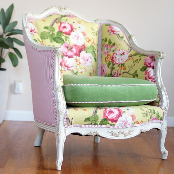 Vintage Rococo English Rose Garden Chair In Yellow/Pink/Green Upholstery - SOLD/Custom Order Only