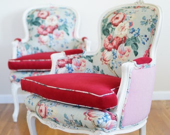 Blue & Red Enchanted Floral Garden Classic French Bergere Chairs With Stripes Back And Red Seat - SOLD/Custom Order Only