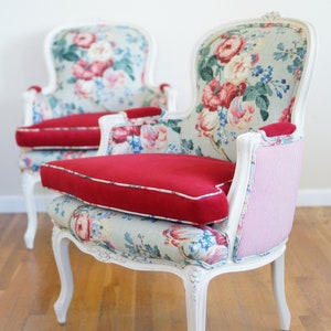 Upcycled French Bergere Chair: Floral Garden Theme, Red Velvet Seat