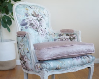 Floral French Bergere Chair: Blush Pink Velvet Seat, Custom Order