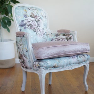 Soft Floral French Bergere Chair With Blush Pink Embossed Velvet Seat - SOLD/Custom Order Only
