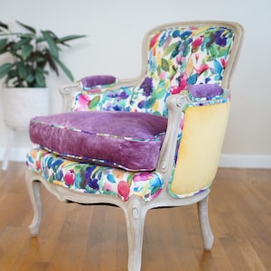 Vintage French Bergere Watercolor Floral With Yellow and Purple Velvet - SOLD/Custom Order Only