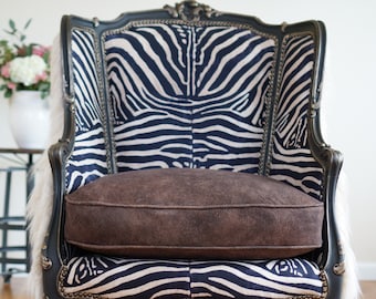 Vintage French Provincial Zebra Wingback Chair With Fur Back - Available