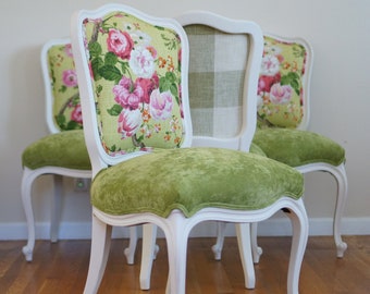 Floral Enchanted Garden & Green Velvet Vintage French Dining Chairs With Checkered/Gingham Back - SOLD/Custom Order Only