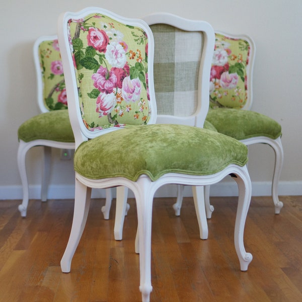 Floral Enchanted Garden & Green Velvet Vintage French Dining Chairs With Checkered/Gingham Back - SOLD/Custom Order Only