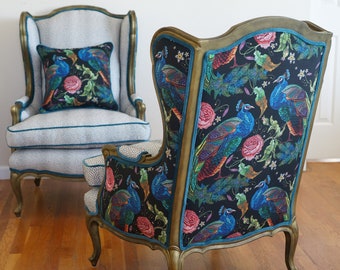Magnolia Peacock & Dotted Charcoal French Wingback Chair Set In Muted Gold Frames - SOLD/Custom Order Only