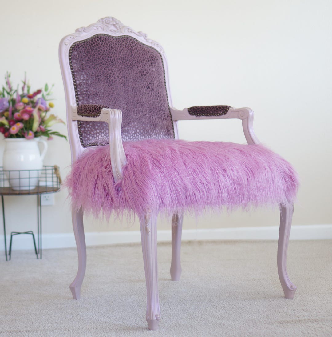Pink French Armchair: Vintage Glam Floral Velvet Fur Seat