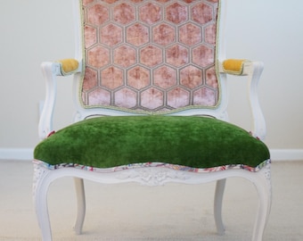 Flora and Fauna Vintage French Louis XVI Armchair Orange/Green Velvet - SOLD/Custom Order