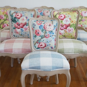 Whimsical French Provincial Style Enchanted Garden Colorful Floral Dining Chairs With Gingham Seat - SOLD/Custom Order Only