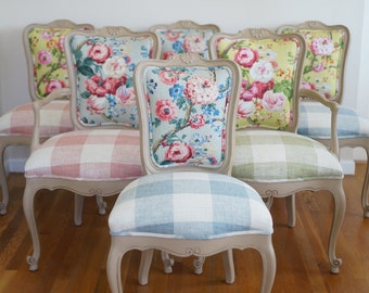 Whimsical French Provincial Style Enchanted Garden Colorful Floral Dining Chairs With Gingham Seat - SOLD/Custom Order Only