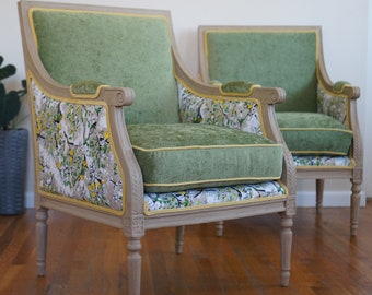 French Louis XVI Bergere Style Magical Orchard Green Chair Set - SOLD/Custom Order Only