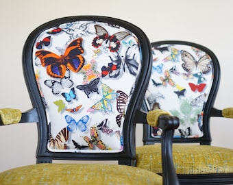 Butterfly Parade French Chair: Black Frame, Chartreuse Velvet Seat - Custom Order