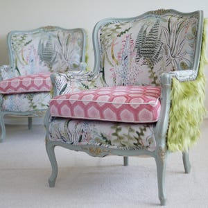 Vintage French Bergere Whimsical Cactus Jungle Green Fur Chairs
