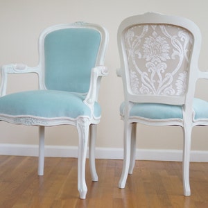 French Provincial Mint Blue And White Damask Side/Dining/Captain Chairs - SOLD/Custom Order Only