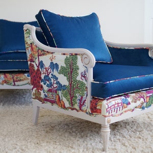 Chinoiserie French Chair: Whimsical Zen Garden, Blue Velvet (Custom Order Only)