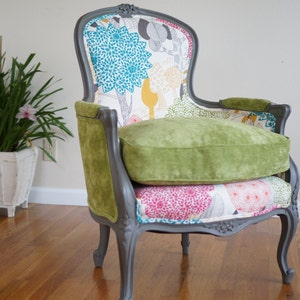 Whimsical Fairy Garden Louis XVI Style Classic French Bergere Chair With Green Soft Velvet - SOLD/Custom Order Only