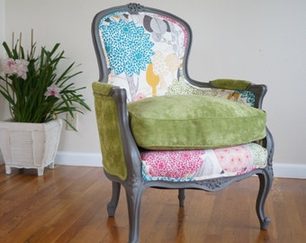 Fairy Garden Bergere Chair: Green Velvet French Style - SOLD/Sample Only