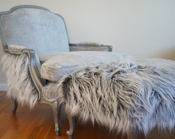 Silver/Brushed Steel French Bergere Fur Chair & Ottoman Set With Soft Gator Pattern Front And Frosted Silver Fur Back - Custom Order Only