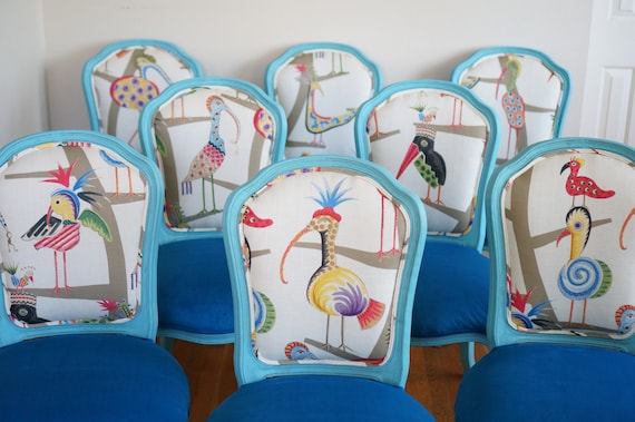 Blue French Style Whimsical/Eclectic Bird Collection Dining Chairs - SOLD/Custom Order Only