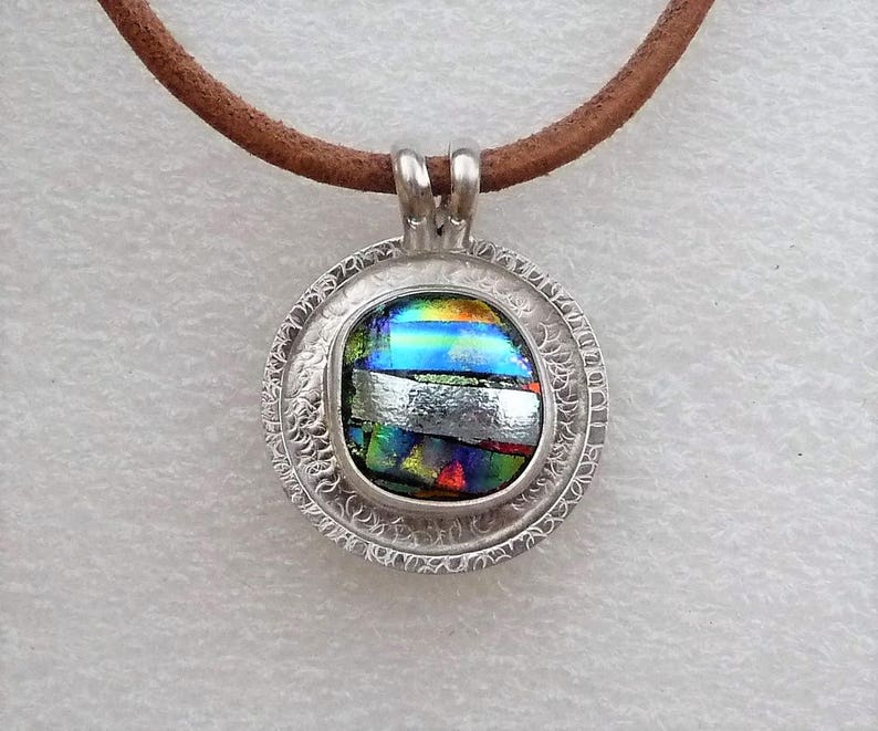Fused Dichroic Glass Ball Cabochon Circular Pendant in Sterling Silver by SmithSilver