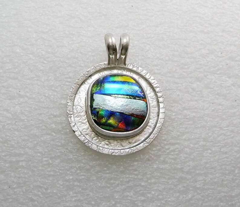 Fused Dichroic Glass Ball Cabochon Circular Pendant in Sterling Silver by SmithSilver