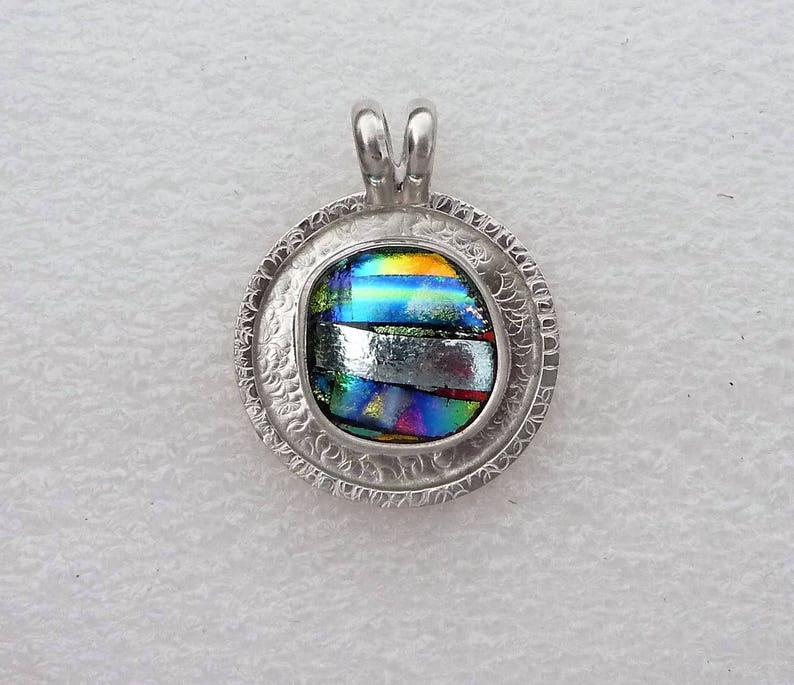 Fused Dichroic Glass Ball Cabochon Circular Pendant in Sterling Silver by SmithSilver