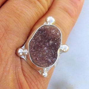 Amethyst Drusy Sterling Silver Ring Size 7 1/2 in a Handmade Setting by SmithSilver