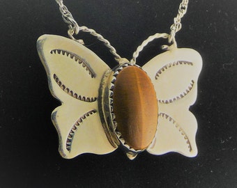 Sterling Silver Butterfly and Tiger's Eye Necklace with  Sterling Silver Double Rope Chain by SmithSilver