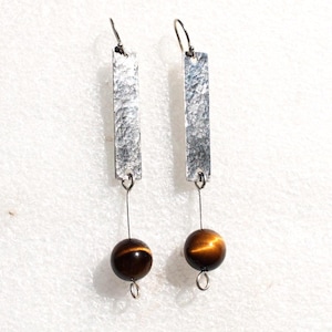 Tiger Eye and Argentium Silver Hand Textured Earrings for Pierced Ear by SmithSilver