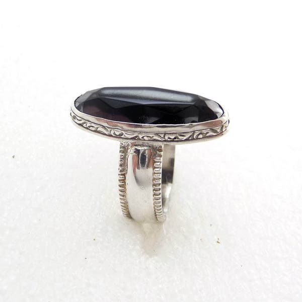Sterling Silver Faceted Oblong Black Onyx Cocktail Ring Handmade by SmithSilver