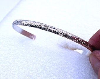 Dainty Cuff Bracelet Floral Pattern Sterling Silver 4mm wide