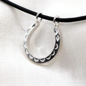 Lucky Horseshoe Sterling Silver Handstamped Pendant Necklace with Leather Cord by SmithSilver