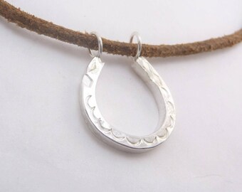 Lucky Horseshoe Sterling Silver Handstamped Pendant Necklace with Leather Cord by SmithSilver