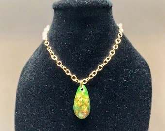 Green Teardrop Resin Small Dainty Delicate Pendant Necklace with Gold Flecks *Chain Not Included