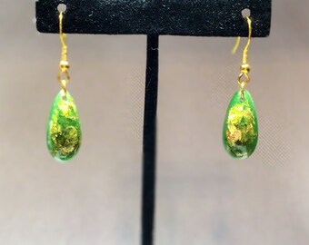 Green Oval Small Resin Earrings with Gold Flecks