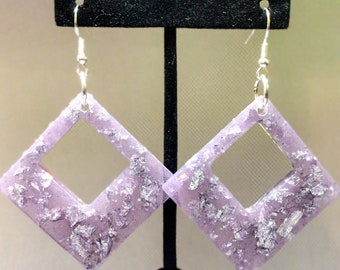 Diamond Shaped Purple Colored Resin Dangle Earrings with Silver Flecks