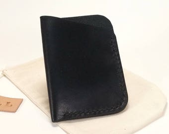 Handmade leather slim wallet, Minimalist Leather Card Wallet, Black leather card wallet, Black with black stitching, Upcycled leather