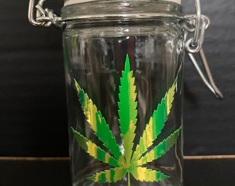 Holographic Leaf Stash Jar: Airtight Glass Herb Container