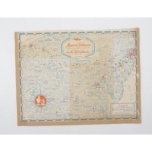 May include: A vintage map of the Mid-Atlantic region of the United States, showing the locations of Howard Johnson's restaurants. The map is printed on a light brown paper with blue and red accents. The map shows the states of Pennsylvania, Maryland, Delaware, Virginia, West Virginia, and Ohio. The map includes a compass and a legend.