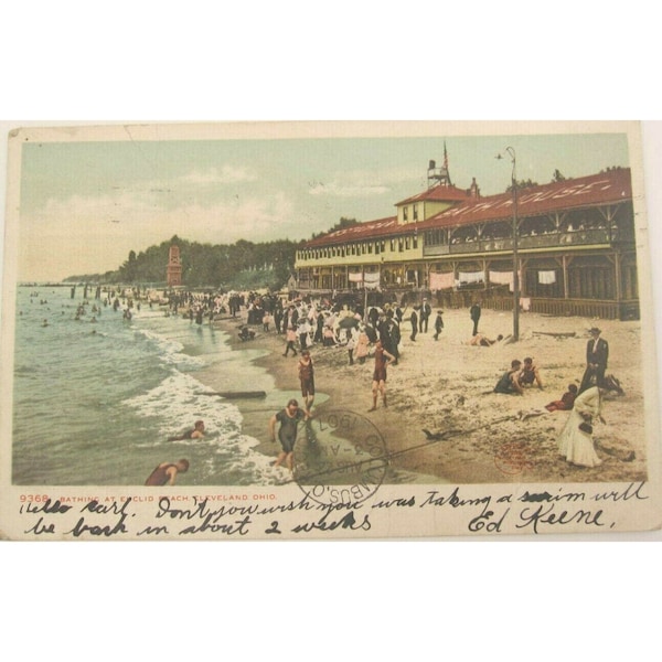 1900's Vtg Bathing at Euclid Beach Cleveland Ohio, Busy Postcard Posted (D650)