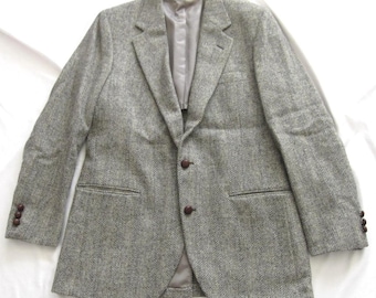 Dark Academia Harris Tweed Sport Coat 44 L Brown Herringbone Wool Jacket Vtg USA