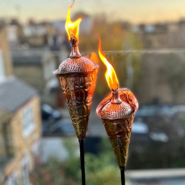 Pair Of Copper Lily Flower Oil Torches