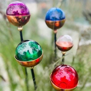 May include: A selection of decorative garden globes in various colours, including red, green, blue, and purple. Each globe has a gold-coloured metallic base and is mounted on a black stem, creating a striking garden feature.