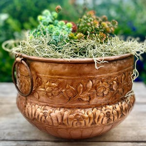 May include: A copper-coloured, intricately carved planter filled with greenery and moss. The planter features floral patterns and a ring handle. The plants include a variety of green and reddish-brown succulents and moss.