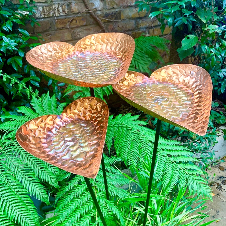 May include: Three copper heart-shaped bird baths on metal stakes, set in a bed of green ferns.