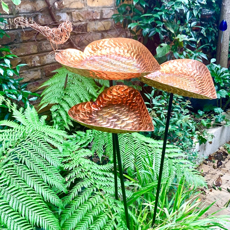 May include: Three copper heart-shaped bird feeders on black metal stands, surrounded by green ferns.