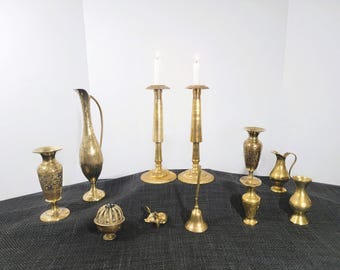 Vintage Brass Decor: Candlestick Holders, Vases, Bells, Figurine - Sold Separately