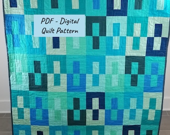May include: A digital quilt pattern featuring a geometric design with squares and rectangles in shades of blue and green. The pattern is titled "PDF - Digital Quilt Pattern".