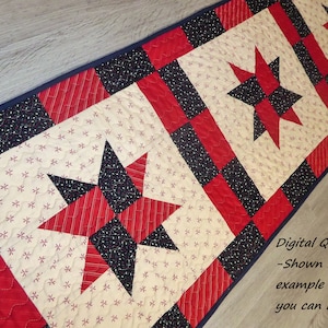 Pode incluir: Um padrão de colcha digital com um design de estrela vermelha, branca e preta. O padrão é mostrado como um corredor de mesa com três estrelas.